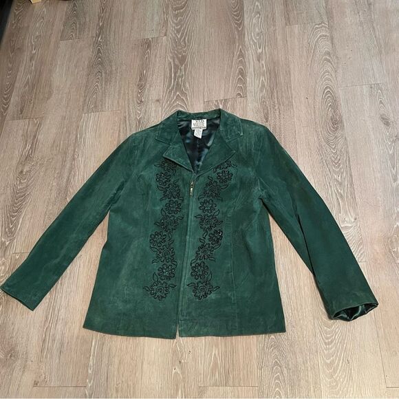 Vintage Suede Leather Green Beaded Black Blazer Single Breast Retro Rockabilly - Picture 7 of 12